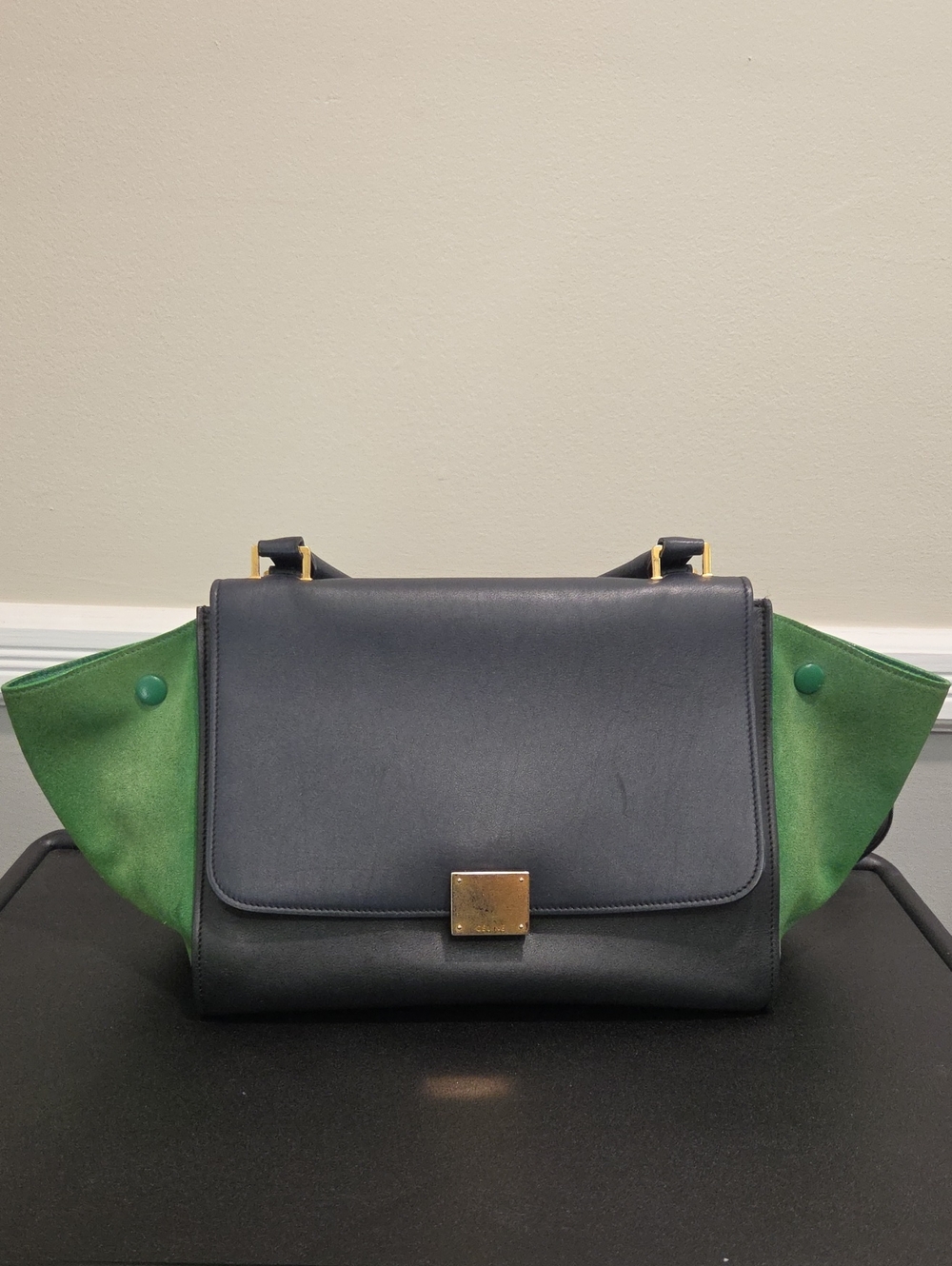 Celine Trapeze Two-Tone Navy and Green Leather Shoulder Bag